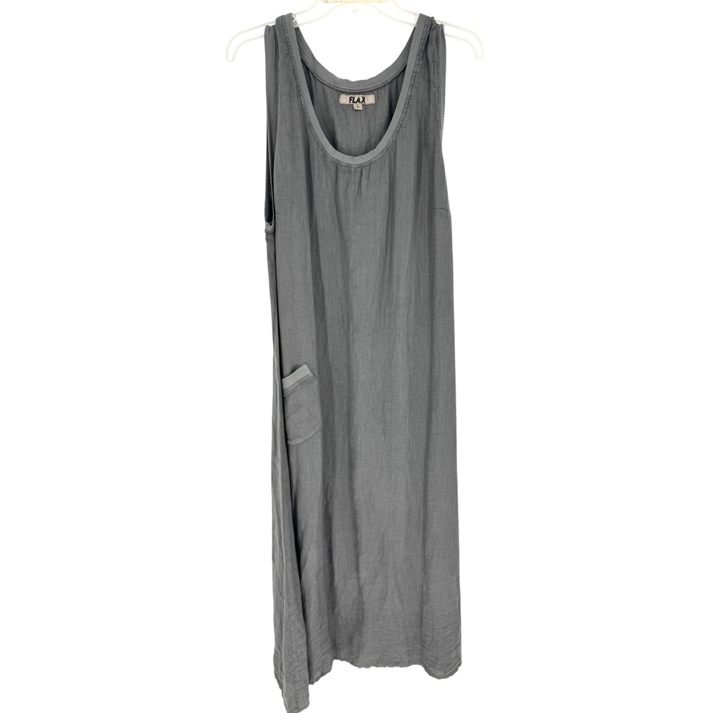 FLAX Serene Linen Maxi Sleeveless Dress In Slate Grey Size L Lagenlook Coastal - Picture 2 of 8